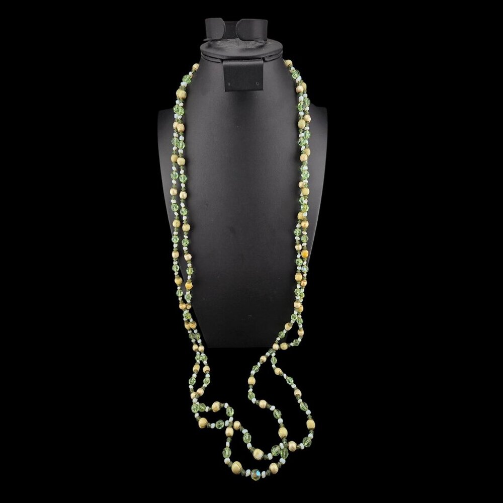 Multi-Strand Green & Cream Glass Bead Necklace Brass Clasp 44" Opera Easter - Picture 4 of 8